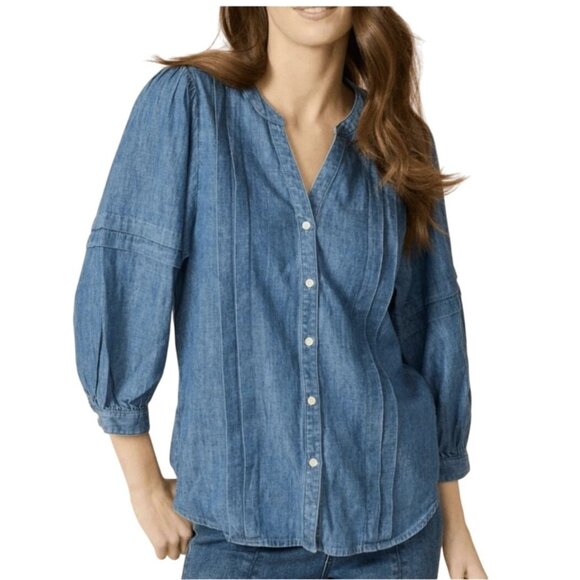 J. McLaughlin Top Size Large Laramie Chambray Denim Balloon Sleeve Blouse Boho - Picture 1 of 12